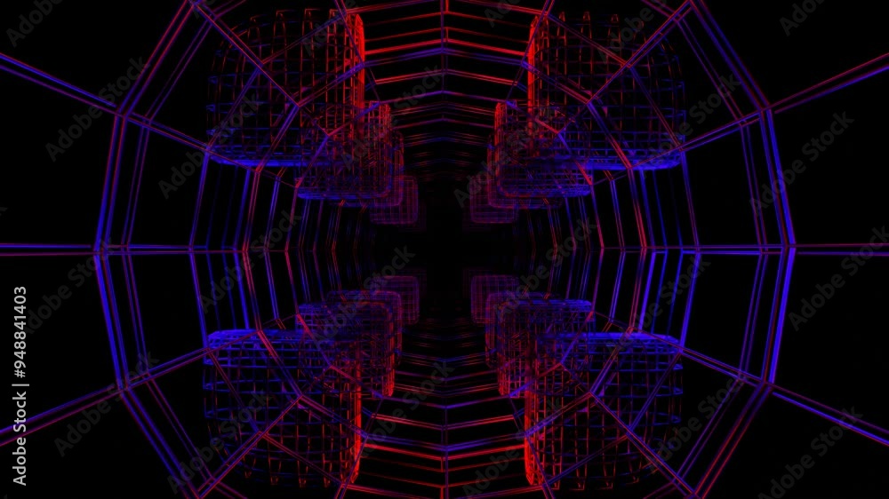 Poster endless forward movement through red purple abstract line pattern on black background. 3d render loo