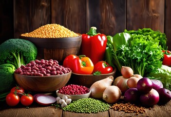 colorful arrangement fresh pet food ingredients highlighting nutritional variety visual appeal captivating layouts, vibrant, colors, vegetables, fruits, meat