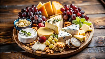 A sharp photo of a gourmet cheese platter with various types of cheeses and grapes