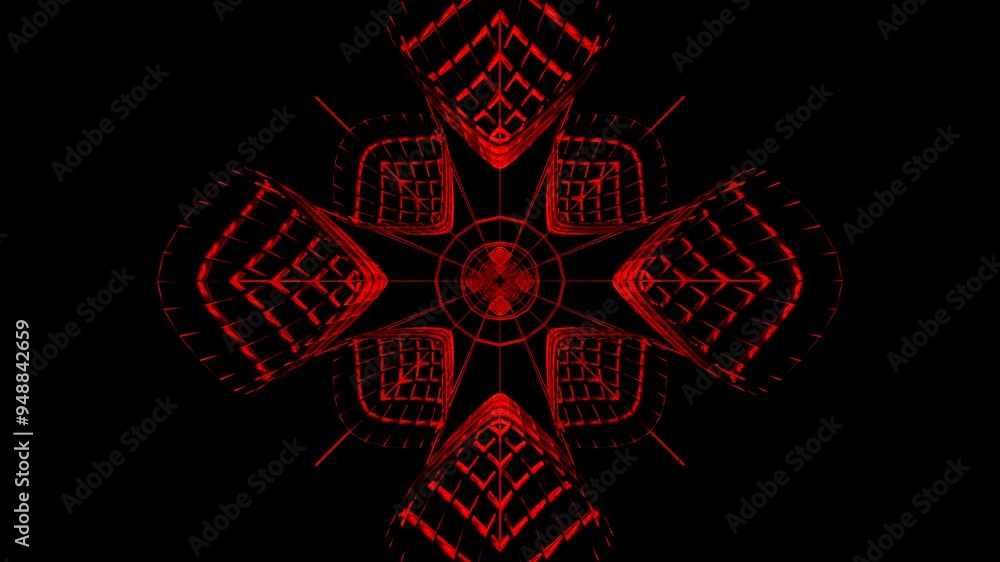 Poster endless forward movement through red abstract line pattern on black background. 3d render looped ani