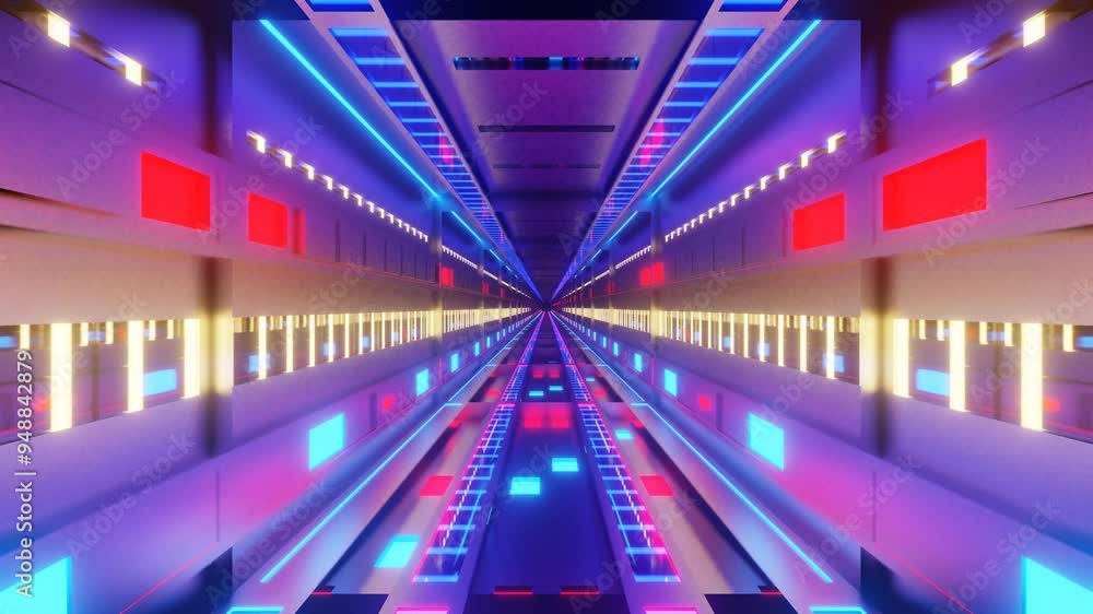 Poster endless forward movement through silver fantasy tunnel with flashing red and blue lights. 3d render 