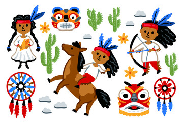 Set of American Indians in national costume - headdress made of feathers. Bright color vector illustration isolated on a white background. Native Americans. Cactus, dreamcatcher