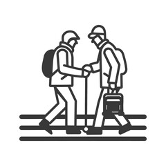 Two Men Shaking Hands While Walking With Backpacks and Suitcases