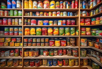 Fototapeta premium vibrant pantry shelves brimming colorful canned goods various shapes sizes, accessories, arrangement, artistry, bright, colors, containers, decor