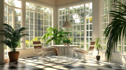Modern sunroom with glass windows and a white table.