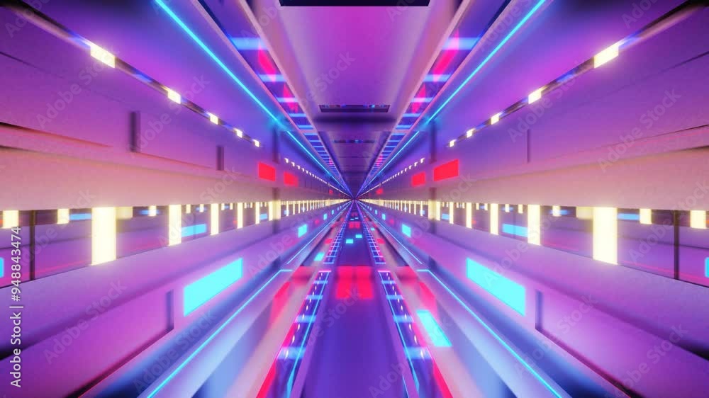 Poster endless forward movement through silver fantasy tunnel with flashing red and blue lights. 3d render 