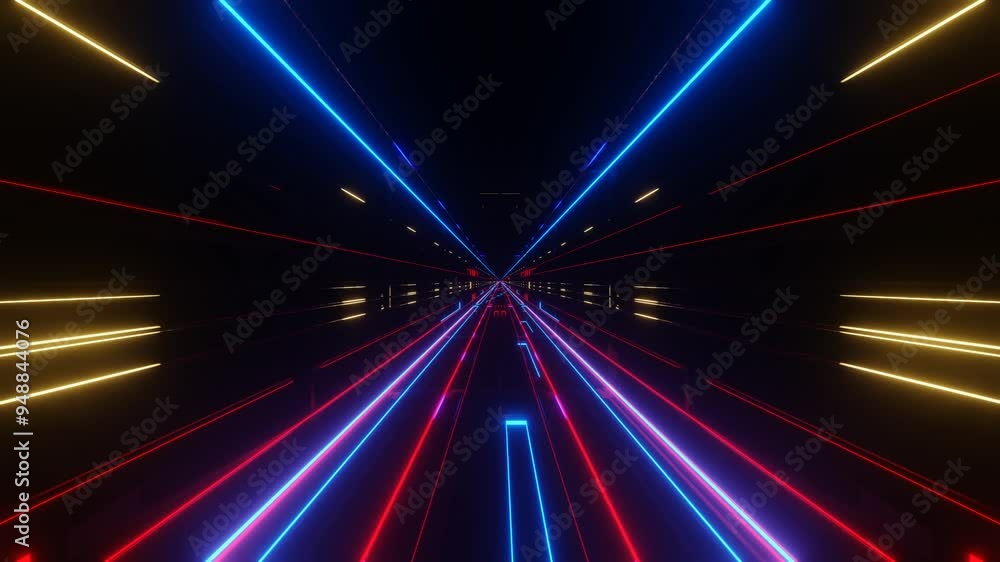 Poster endless forward movement through a dark tunnel with flashing red and blue lights. 3d render looped a
