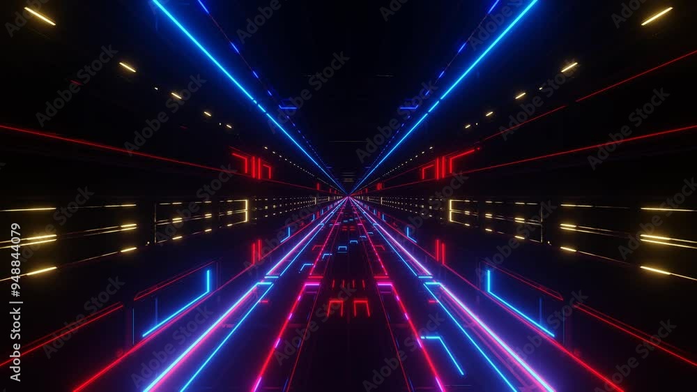 Poster endless forward movement through a dark tunnel with flashing red and blue lights. 3d render looped a