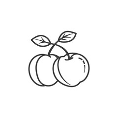 Two Cherries with Stem and Leaves in Line Art Style