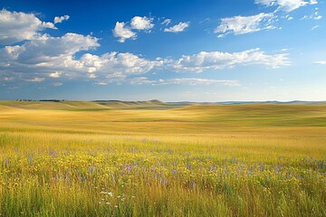 Fototapeta premium Vast Golden Prairie Landscape Under Blue Sky with Fluffy Clouds