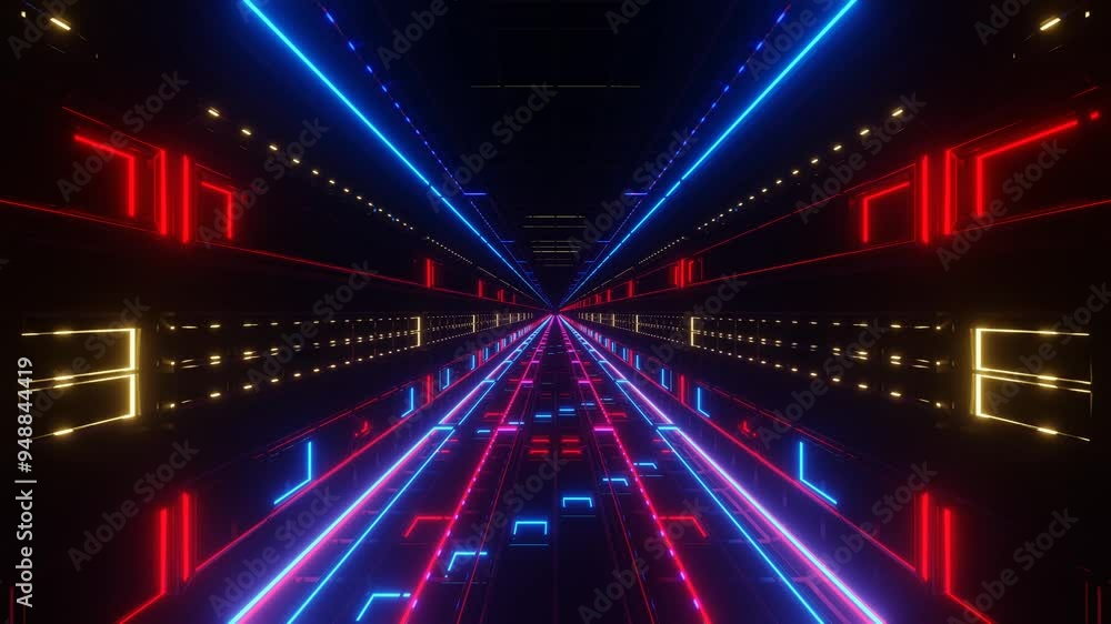Aufkleber endless forward movement through a dark tunnel with flashing red and blue lights. 3d render looped a