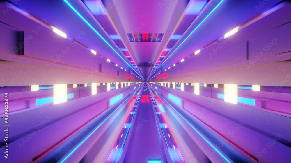 Poster endless forward movement through silver fantasy tunnel with flashing red and blue lights. 3d render 