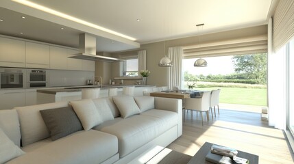 Fototapeta premium Modern Living Room With Large Window and Kitchen View.