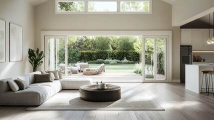 Modern living room with patio doors and backyard view.