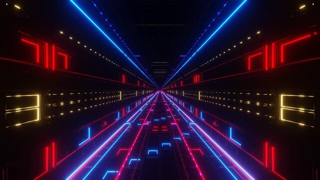 endless forward movement through a dark tunnel with flashing red and blue lights. 3d render looped animation