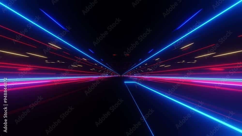 Poster endless forward movement through a dark tunnel with flashing red and blue lights. 3d render looped a