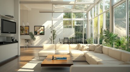 Modern living room with large windows and a comfortable sectional sofa.