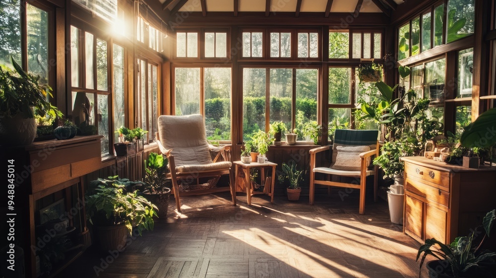 Poster Cozy sunlit living room with windows, plants and wooden furniture.