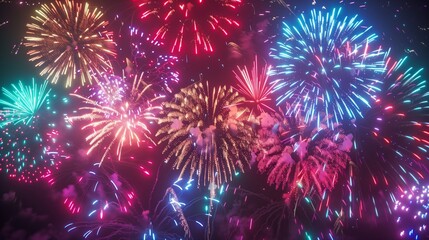 Colorful fireworks light up the night sky with Happy New Years Eve message shining brightly 