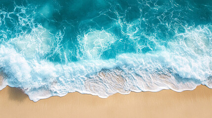 blue ocean wave rolling onto a pristine sandy beach, capturing the serene beauty of nature's simplicity and peaceful escap