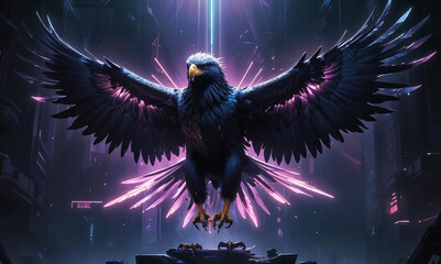 A majestic black eagle with large, outstretched wings against a dramatic, colorful cosmic background with glowing energy beams and rays 