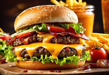 close view towering burger surrounded golden crunchy fries showcasing mouthwatering ingredients textures, food, vibrant, meal, snack, delicious, gourmet