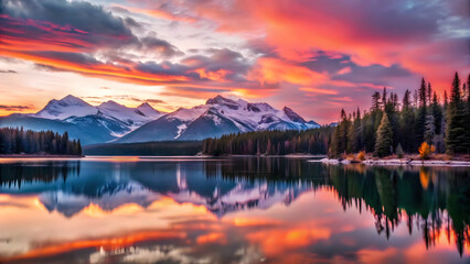 A breathtaking view of a snow-capped mountain range during sunset, with vibrant pink and orange hues in the sky. A calm lake reflects the mountains and the sky, surrounded by a dense pine forest. The 