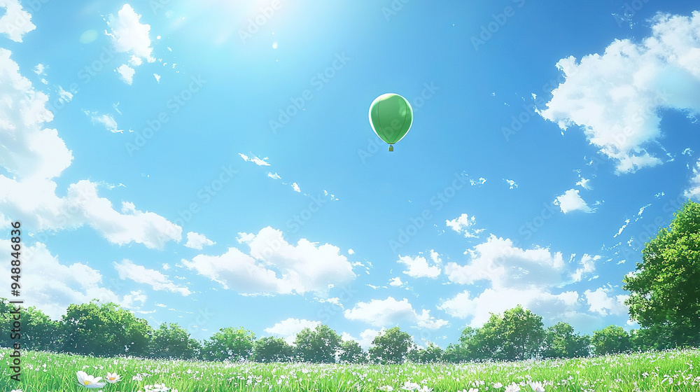 Sticker a lush green field with white flowers and a forest in the background is where a green balloon flies 