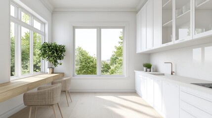 Fototapeta premium Modern kitchen interior design with natural light and wooden accents.