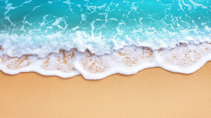 blue ocean wave rolling onto a pristine sandy beach, capturing the serene beauty of nature's simplicity and peaceful escap