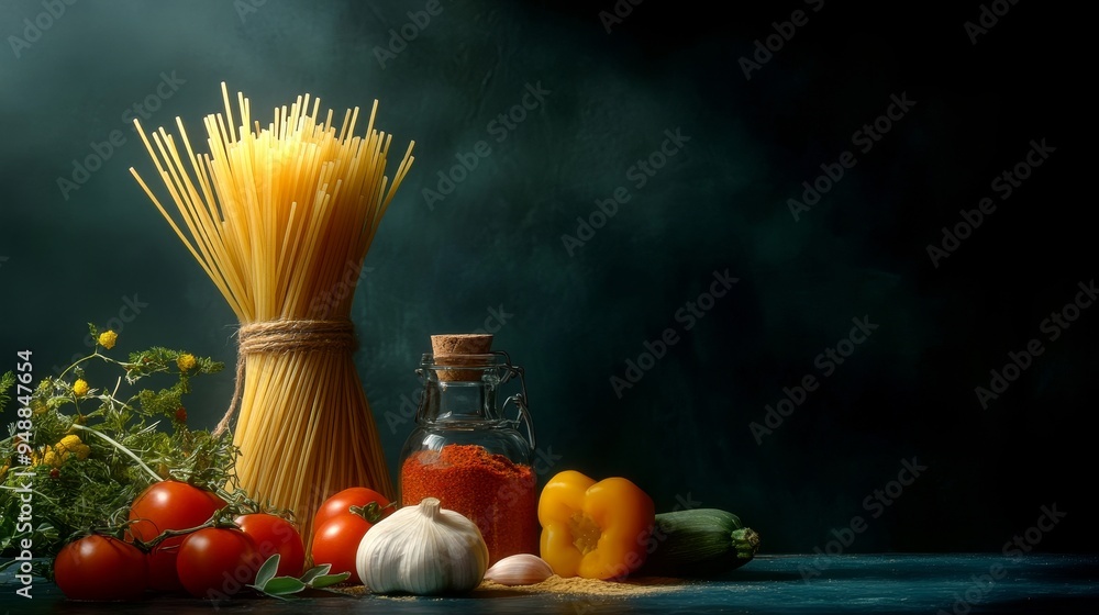 Poster A rustic still life featuring a bundle of spaghetti, surrounded by fresh tomatoes, garlic cloves, and a jar of spices. The composition evokes a sense of culinary simplicity and wholesomeness, symboliz