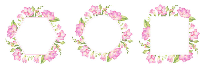Set of wreath Pink Freesia flowers, buds and leaves. Isolated hand drawn watercolor frames of pink Garden flowers. Summer floral chaplet of pink wildflowers for wedding invitations, cards,