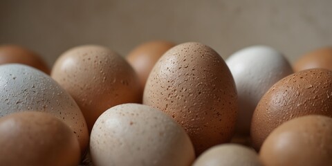 Gradient of brown to white chicken eggs on neutral background.