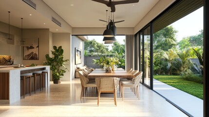 Fototapeta premium Modern dining room with large windows and natural light.