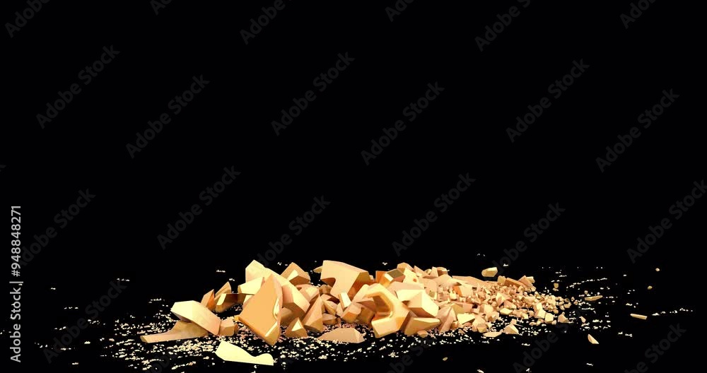 Poster yen or yuan symbol falling down and breaking into pieces. 3d animation isolated on transparent backg