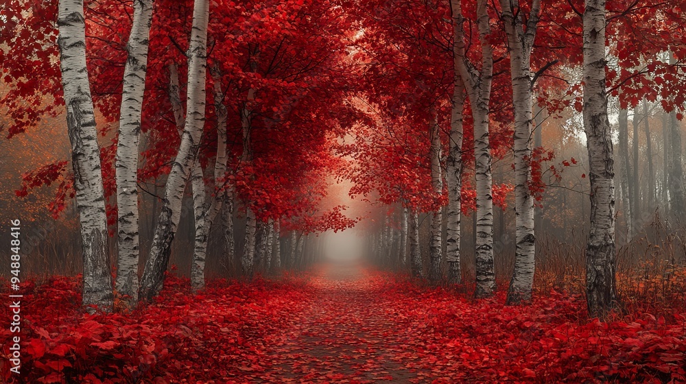 Poster serene pathway cuts through a birch tree forest adorned with vibrant red leaves, creating an enchant