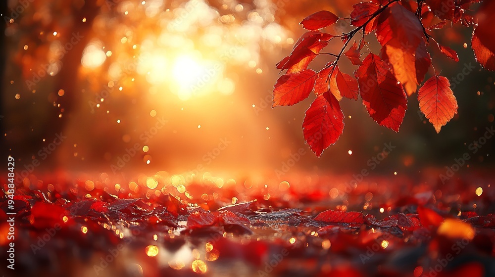Poster image shows vibrant red autumn leaves on a branch with sunlight filtering through, creating a warm, 