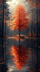 Single vibrant red tree stands out among muted forest, its reflection beautifully mirrored in the calm water below