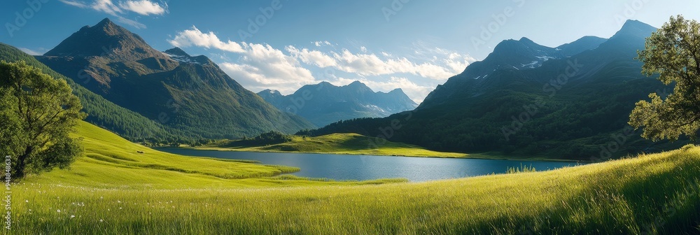 Poster A serene and picturesque landscape featuring a tranquil mountain lake nestled amidst rolling green hills and towering mountains. The clear blue sky above is dotted with fluffy white clouds, casting lo