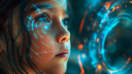 Futuristic Artificial Intelligence Concept with Child's Face, Digital Neural Network, Data Visualization, AI Technology, Close-Up of Cybernetic Human Model. Digital Native, Little Girl, Young Kid