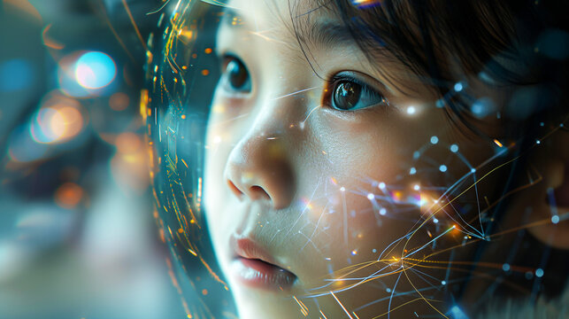 Futuristic Artificial Intelligence Concept with Child's Face, Digital Neural Network, Data Visualization, AI Technology, Close-Up of Cybernetic Human Model. Digital Native, Little Girl, Young Kid