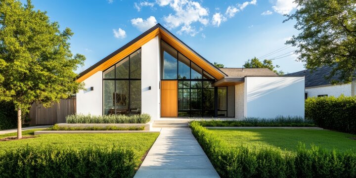 This modern white brick residence, with dark wood accents and an elegant gable roof, is beautifully situated in lush Beverly Hills, California, providing a serene and picturesque ambiance