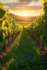 Fototapeta premium Bright Vineyard with Green Grass