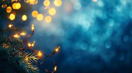 holiday illumination and decoration concept - christmas garland bokeh lights over dark blue background