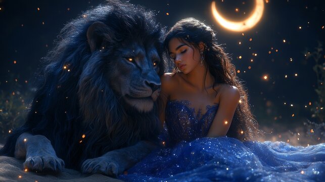 Woman in a blue dress sits beside a majestic lion under a crescent moon, surrounded by glowing fireflies