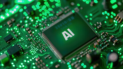 microchip with text AI, set against a vibrant green neon background