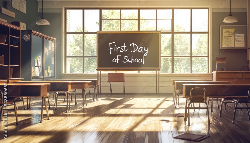 Poster bright classroom on the first day of school with sunlight through windows and blackboard message