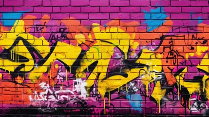 Street art abstract graffiti piece on purple brick wall. Neural network ai generated art