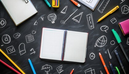 Creative Classroom Setup with Open Notebook, Colorful Pens, and Chalkboard Icons