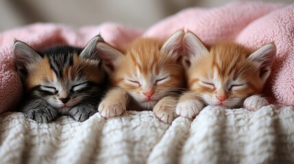 Three adorable kittens are sleeping closely together on a cozy blanket, with two orange and one calico kitten